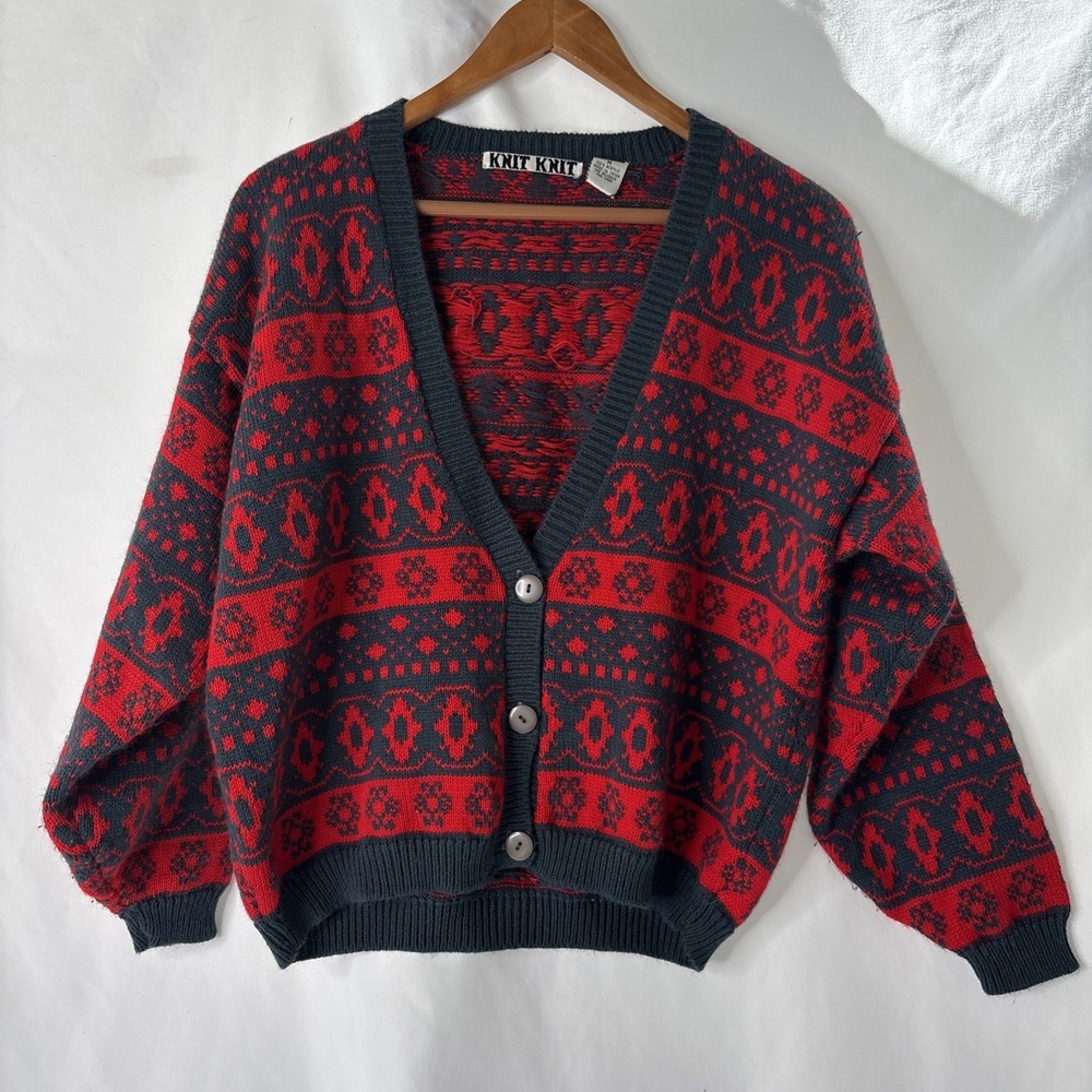 Vtg Knit Knit Womens M Cardigan Button Sweater Red Gray Granny‎ Holiday